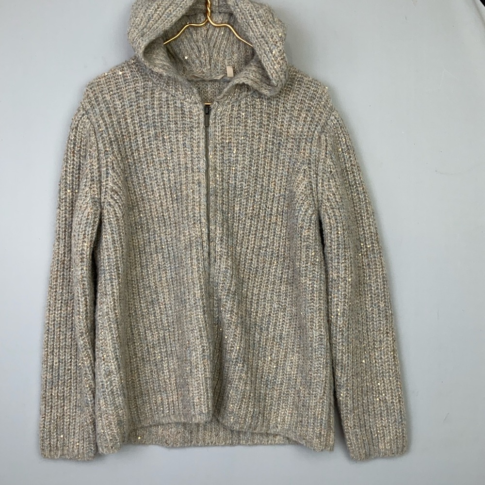 NWT Soft Surroundings Sz Large Chandra Sequin Cardigan Sweater Zip Front Hood